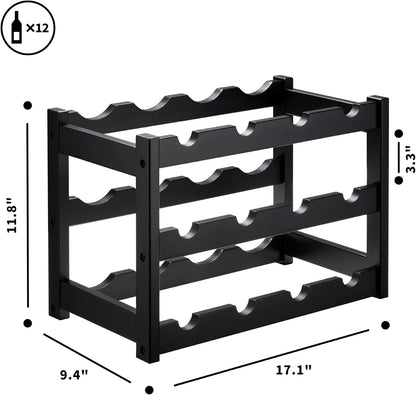 Bamboo Wine Rack, Sturdy and Durable Wine Storage Cabinet Shelf, Wine Racks Countertop for Pantry,Kitchen,3-Tier 12 Bottles Wine Rack Black