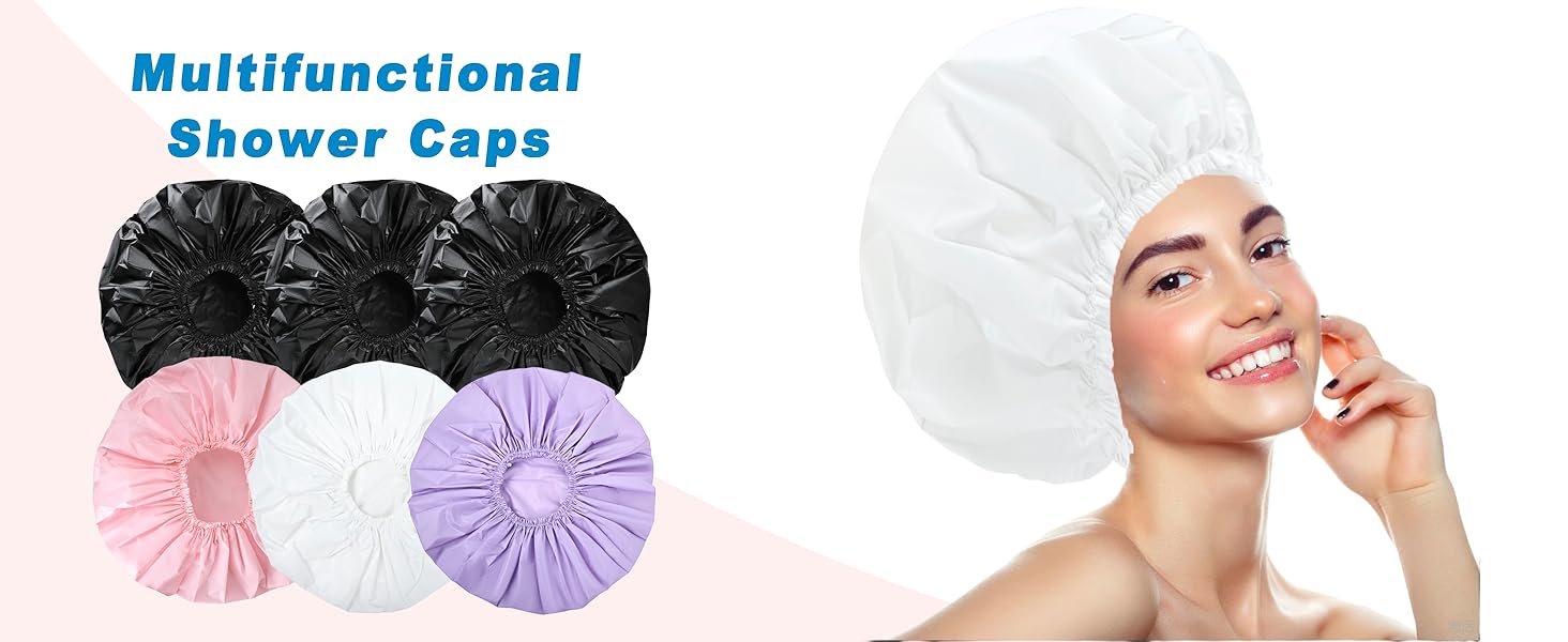 6 PCS Shower Caps for Women, Double Side Waterproof Shower Cap, Reusable Elastic Bath Caps for Shower, EVA Bathing Shower Caps, Bath Hair Caps - Candy Color