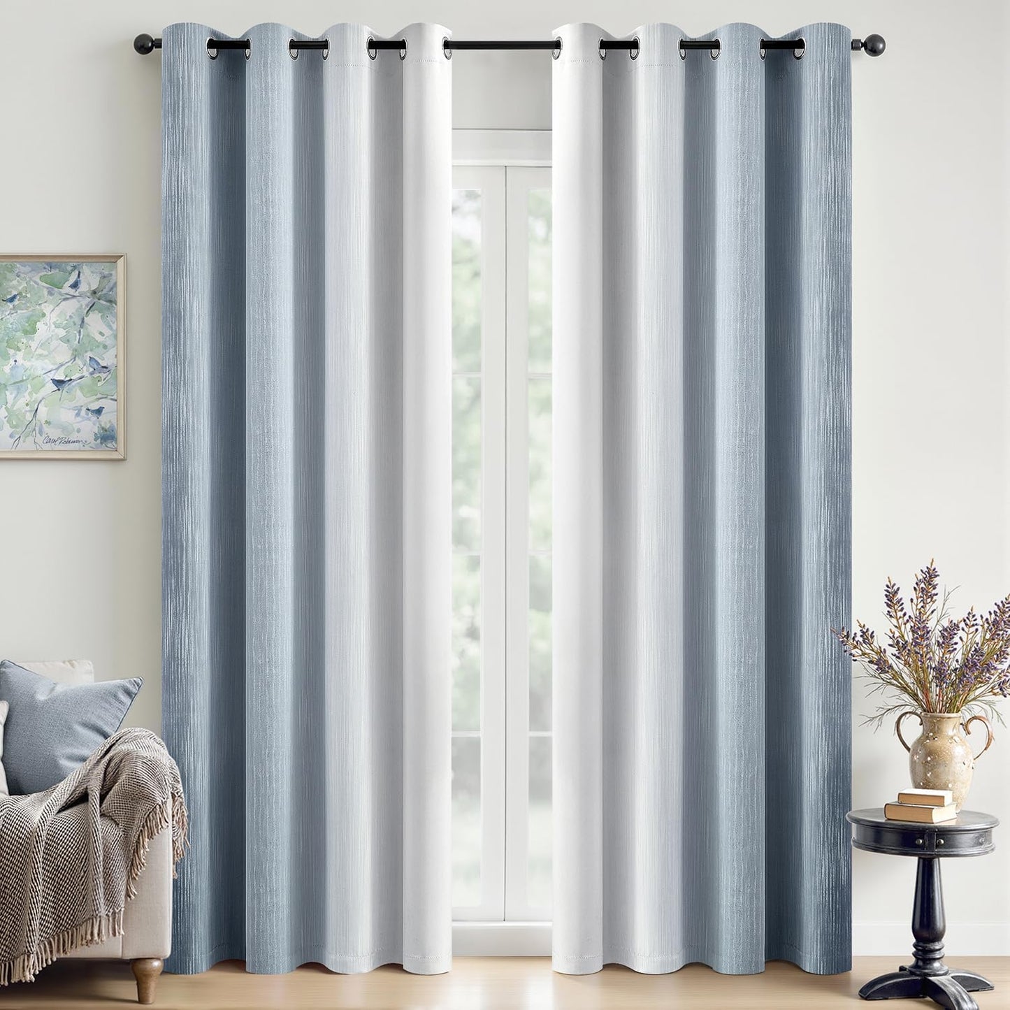 Ombre 100% Blackout Curtains, Navy Blue and Greyish White Full Room Darkening Thermal Insulated 84 Inches Long Drapes for Bedroom/Living Room Grommet Window Treatments Modern 52Wx84L, Set of 2