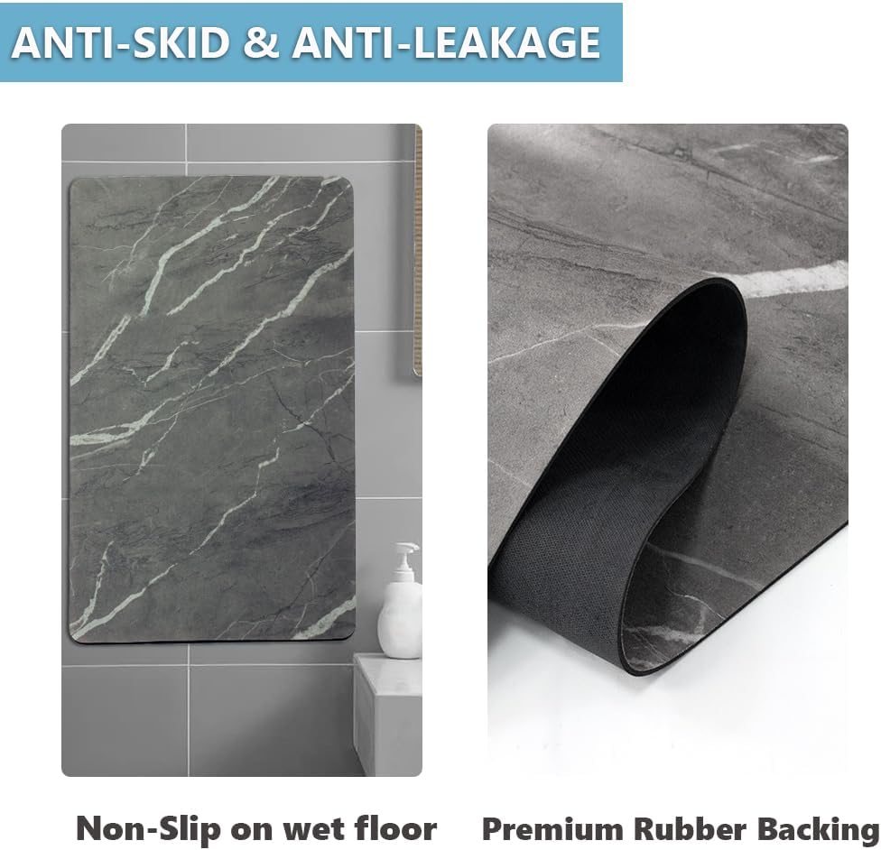 Rug Custom Size-Rubber Non Slip Quick Dry Super Absorbent Thin Rugs Fit Under Door-Washable Bathroom Floor Mats for in Front of Bathtub,Shower Room,Sink, Gray Marble, 3' x 5'