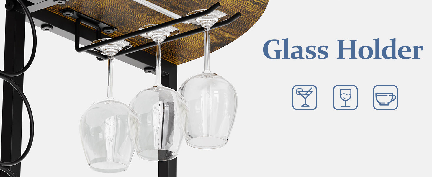 JKsmart Wine Bar Cabinet with LED Lights, Mini Wine Rack with Storage and Glass Holder, Home Bar Cart for Liquor, 3-Tier Bar Table for Kitchen, Dining Room, Living Room, Rustic Brown