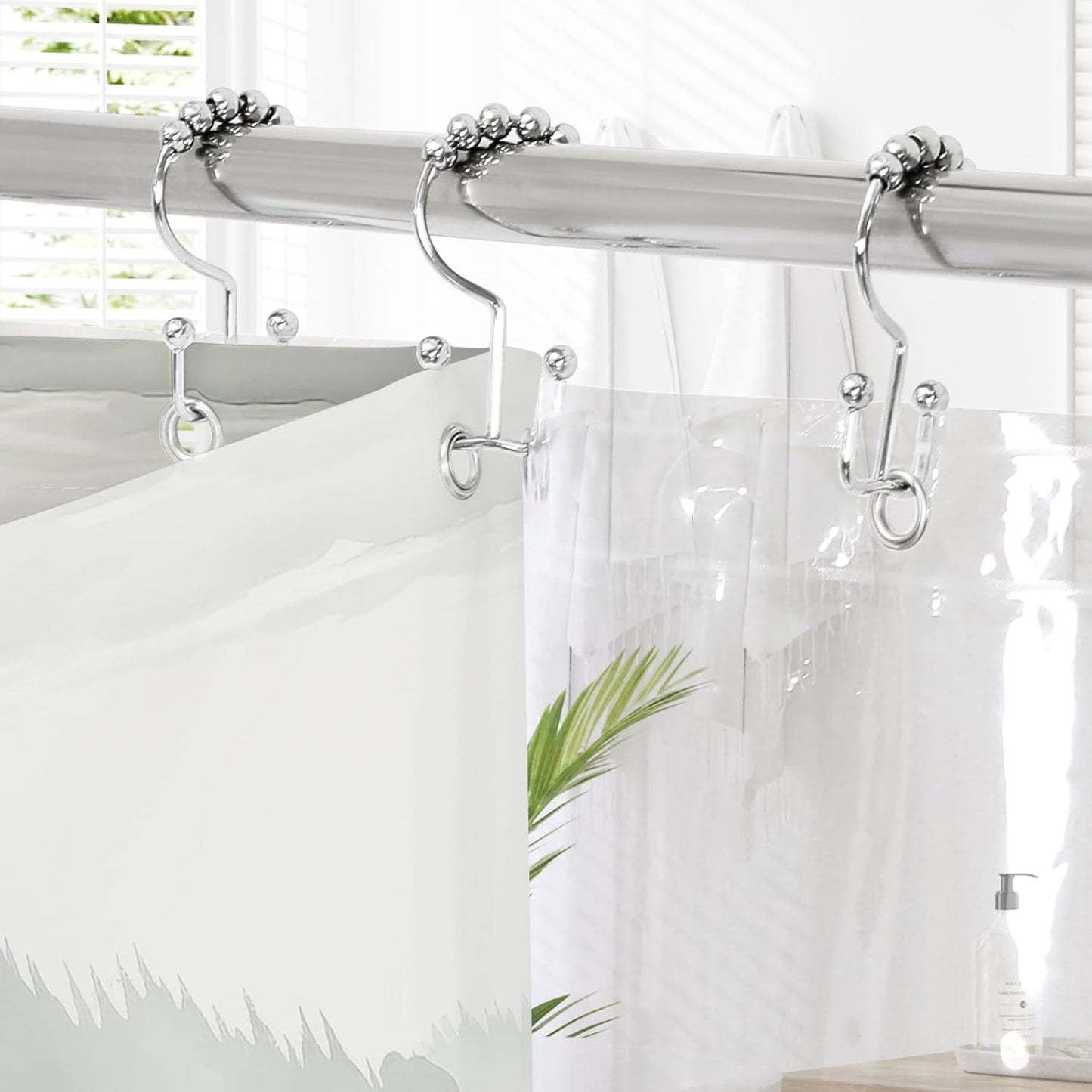 3 in 1 Shower Curtain Set, DarkGreen Misty Pine Forest Fabric Shower Curtain with PEVA Liner and Double Sided Hooks, Bathroom Curtain Waterproof 72x72