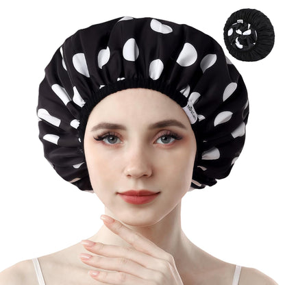 Shower Caps for Women Reusable Waterproof, Double Layer Waterproof Fabric - Both Sides Usable, Reversible Pattern & Solid Color Design, Soft Elastic Keeps Hair Dry for shower Spa Travel