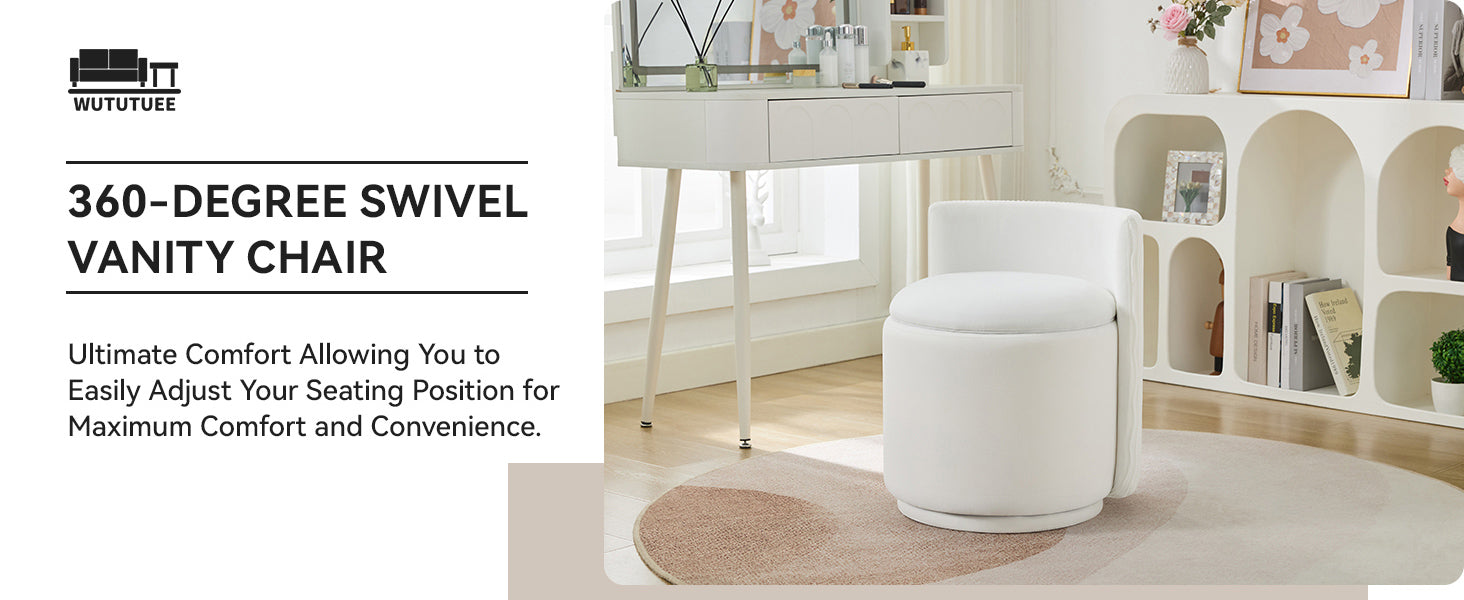 Velvet Vanity Chair with Storage, 360° Swivel Makeup Chair with Wave Back, No Assembly Small Accent Stool for Bedroom, Dressing, Living Room, White