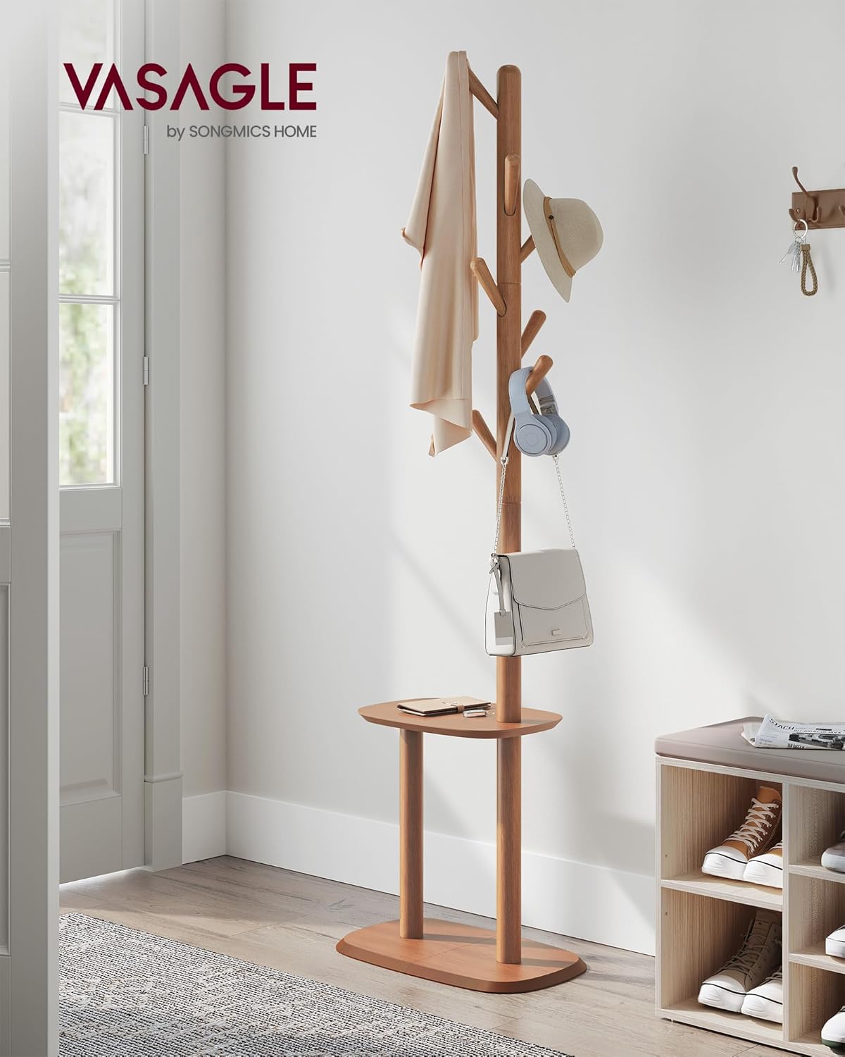 Coat Rack, Free Standing Coat Stand, Hall Coat Tree with 8 Hooks and Storage Shelf, 67.2 Inch Tall, for Coats, Hats, Bags, for Entryway, Hallway, Bedroom, Caramel Brown URCR040K01