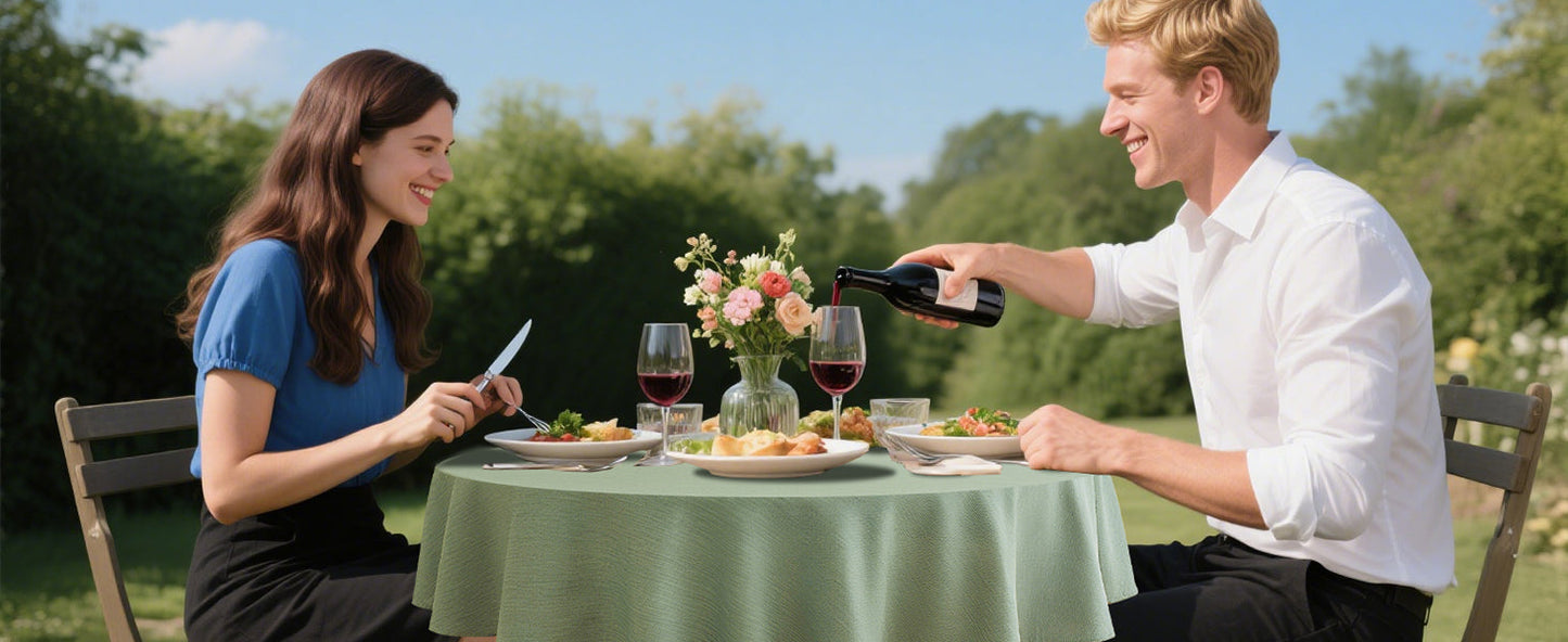 Decorelia Faux Linen Round Tablecloths 60 inch, Waterproof Decorative Washable Texture Rustic Circle Table Cloth Cover for Dining Kitchen Party Farmhouse Outdoor(Round (2-4 Seats),Sage Green)
