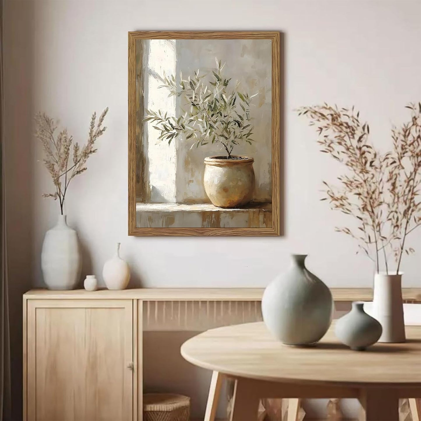 Framed Olive Tree Canvas Wall Art, Neutral Botanical Pictures Wall Decor, Rustic Potted Plant Paintings Prints, Organic Modern Farmhouse Artwork for Living Room Bedroom 8x10 Inch