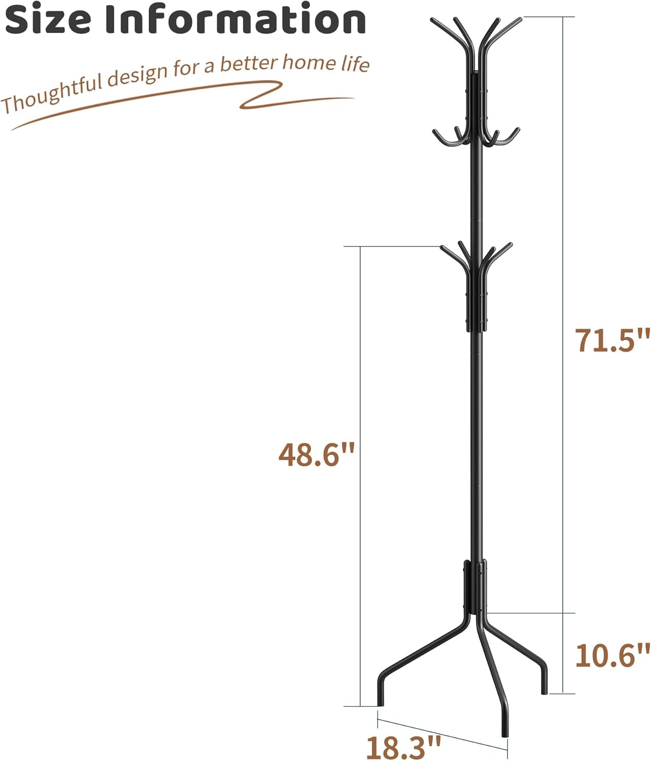 Coat Rack Freestanding Coat Tree Standing Coat and Hat Hanger Jacket Organizer Rack Metal,18.3" L x 18.3" W x 71.5" H, Black