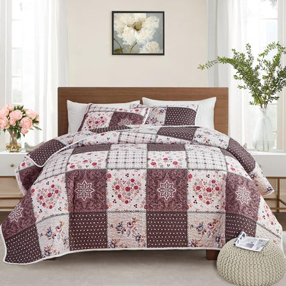 Quilt Set Full/Queen Size, 3 Pieces Green Floral Plaid Summer Bedspread Coverlet Set, Soft Microfiber Reversible Lightweight Bed Cover for All Season (90" x 90", 1 Quilt+ 2 Pillow Shams)