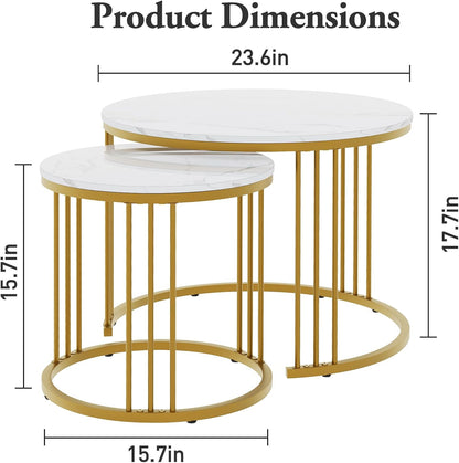 Garden 4 you Coffee Table Faux Marble Nesting Table for Small Place 2 Sets Modern Furniture Living Room Sets End Side Table Night Stand for Bed Room Dining Room (White & Gold)