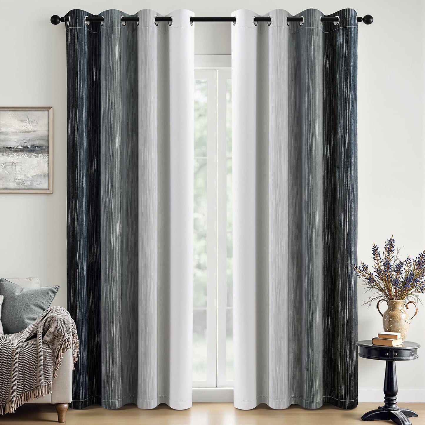 Ombre 100% Blackout Curtains, Navy Blue and Greyish White Full Room Darkening Thermal Insulated 84 Inches Long Drapes for Bedroom/Living Room Grommet Window Treatments Modern 52Wx84L, Set of 2