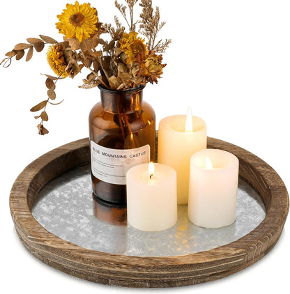 Candle Plate Holder Tray: Round Wood Decorative Candle Plate - Rustic Farmhouse CoffeeTable Decor - Tealight Pillar Trays for Home Decor (Distressed)