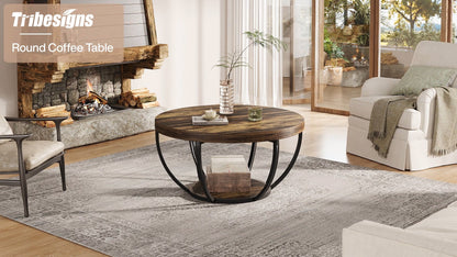 Tribesigns Round Coffee Table, 31.7" Wooden 2-Tier Circle Coffee Table with Storage Shelves, Modern Accent Cocktail Table Center Table for Living Room, Rustic Brown