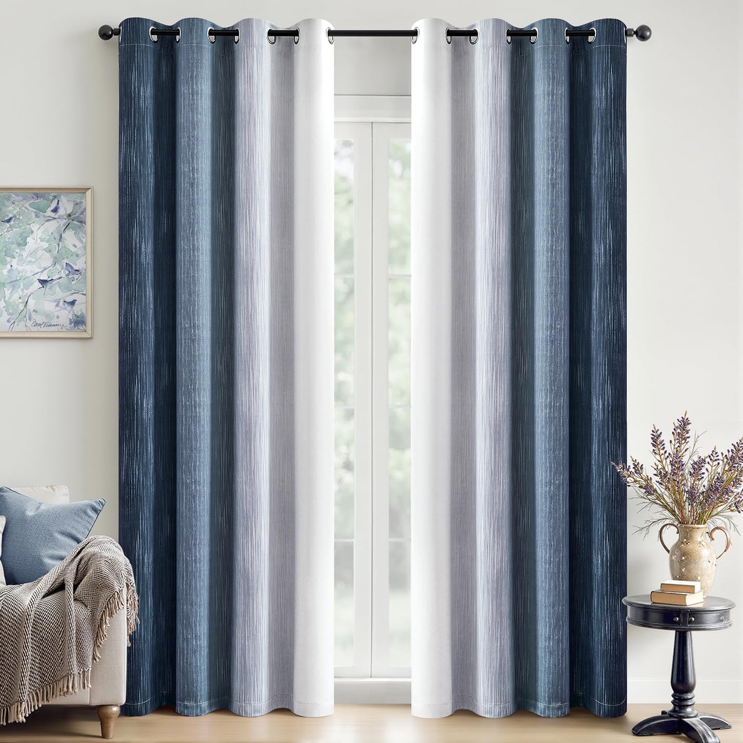 Ombre 100% Blackout Curtains, Navy Blue and Greyish White Full Room Darkening Thermal Insulated 84 Inches Long Drapes for Bedroom/Living Room Grommet Window Treatments Modern 52Wx84L, Set of 2