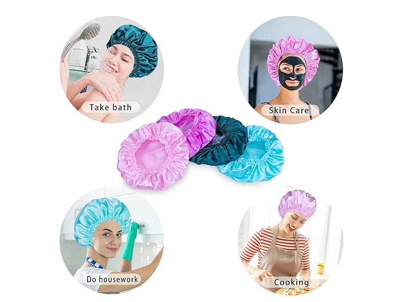 Shower Caps for Women, 4 PCS Elastic and Reusable Bath Caps, Double Waterproof Layers Shower Cap, Bathing Shower Caps, Environmental Protection Hair Bath Hat - Solid Color