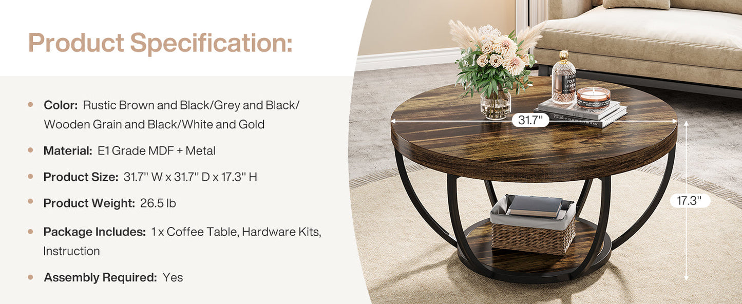 Tribesigns Round Coffee Table, 31.7" Wooden 2-Tier Circle Coffee Table with Storage Shelves, Modern Accent Cocktail Table Center Table for Living Room, Rustic Brown