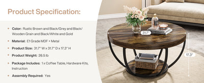 Tribesigns Round Coffee Table, 31.7" Wooden 2-Tier Circle Coffee Table with Storage Shelves, Modern Accent Cocktail Table Center Table for Living Room, Rustic Brown