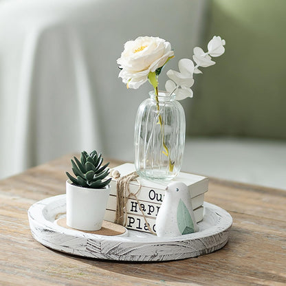Candle Plate Holder Tray: Round White Wood Decorative Tray Decor - Rustic Farmhouse CoffeeTable Decor - Tealight Pillar Trays for Home Decor