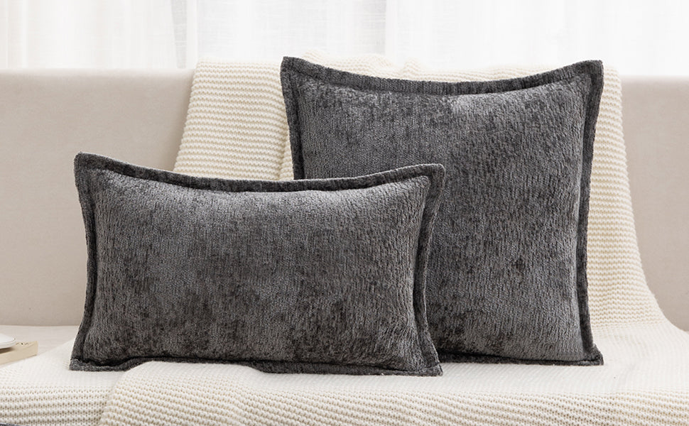 Grey Decorative Throw Pillow Covers 18x18 Inch Set of 2 Cozy Soild Chenille Cushion Cases Soft Textured Square Couch Pillows Cover Boho Accent Farmhouse Pillowcases for Sofa Bed