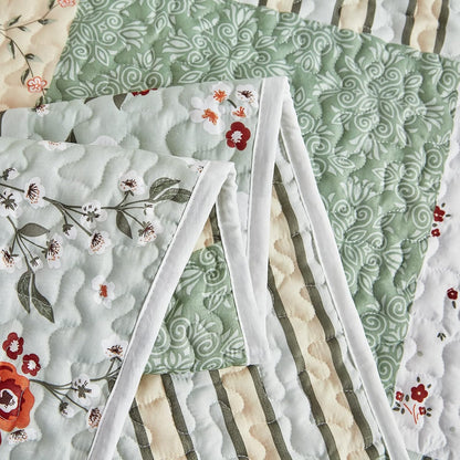 Quilt Set Full/Queen Size, 3 Pieces Green Floral Plaid Summer Bedspread Coverlet Set, Soft Microfiber Reversible Lightweight Bed Cover for All Season (90" x 90", 1 Quilt+ 2 Pillow Shams)
