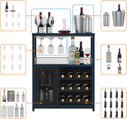 GAOMON Coffee Wine Bar Cabinet with Storage and Detachable Rack, Farmhouse Sideboard and Buffet Cabinet with Glass Holder and Mesh Door, Liquor Coffee Bar Cupboard, Black