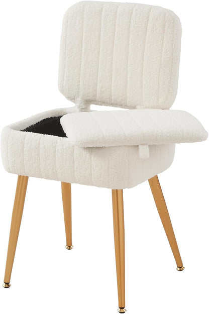 Vanity Chair, Storage Ottoman with Folding Back & Gold-Toned Metal Legs, Ottoman Seat with Teddy Velvet for Dressing Room Living Room Bedroom, 16" x 12.5" Inch