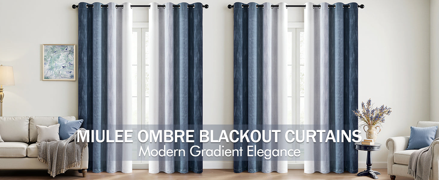 Ombre 100% Blackout Curtains, Navy Blue and Greyish White Full Room Darkening Thermal Insulated 84 Inches Long Drapes for Bedroom/Living Room Grommet Window Treatments Modern 52Wx84L, Set of 2