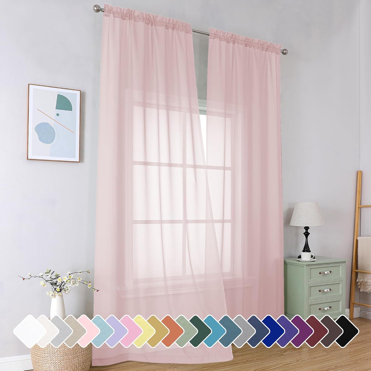 Black Sheer Curtains 84 Inches Long, Light Filtering Rod Pocket Solid Color Window Sheer Curtain Panels, Elegant Curtains & Drapes for Living Room, Bedroom 2 Panels (Black, 42" W x 84" L)