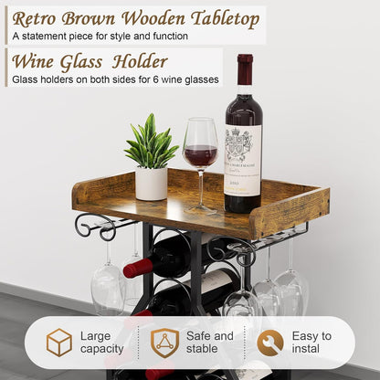 X-cosrack Wine Rack Freestanding Floor, Wine Storage Rack Mini Bar Table with Tabletop, Glass Holder Wine Bottle Display Stand Liquor Cabinet for Home Bar Kitchen Living Room