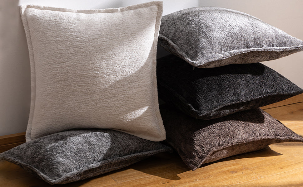 Grey Decorative Throw Pillow Covers 18x18 Inch Set of 2 Cozy Soild Chenille Cushion Cases Soft Textured Square Couch Pillows Cover Boho Accent Farmhouse Pillowcases for Sofa Bed