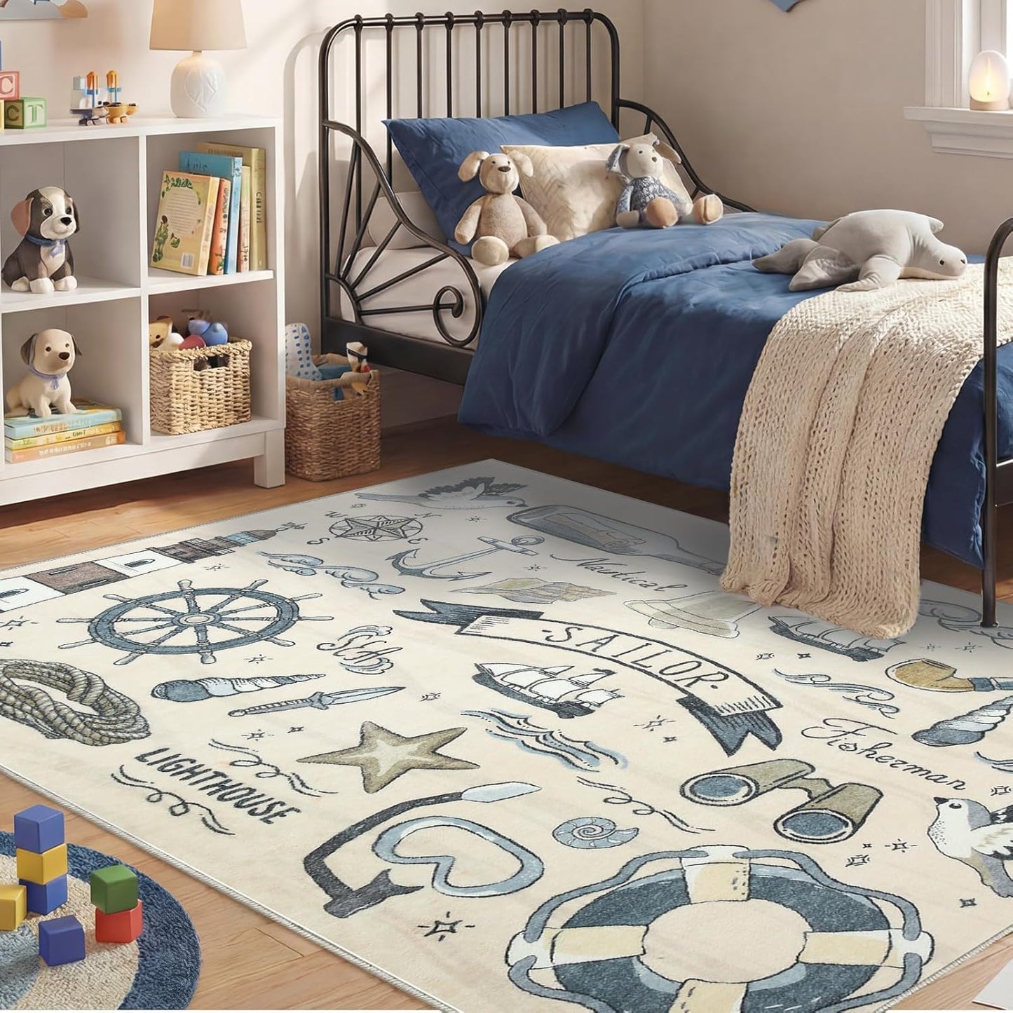 Soft Area Rugs 5x7, 5x7 Washable Rug with Non Slip Backing, 5 x 7 Faux Cashmere Low-Pile Carpet, Navy Blue & Gold