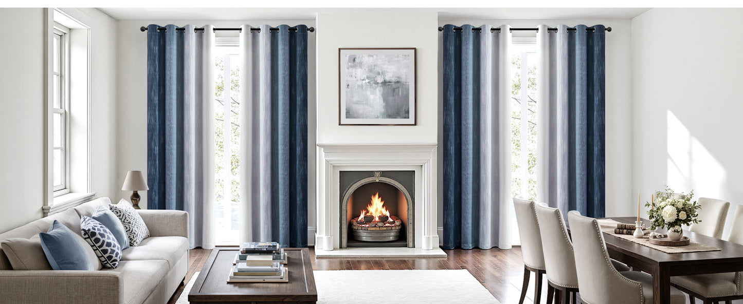 Ombre 100% Blackout Curtains, Navy Blue and Greyish White Full Room Darkening Thermal Insulated 84 Inches Long Drapes for Bedroom/Living Room Grommet Window Treatments Modern 52Wx84L, Set of 2