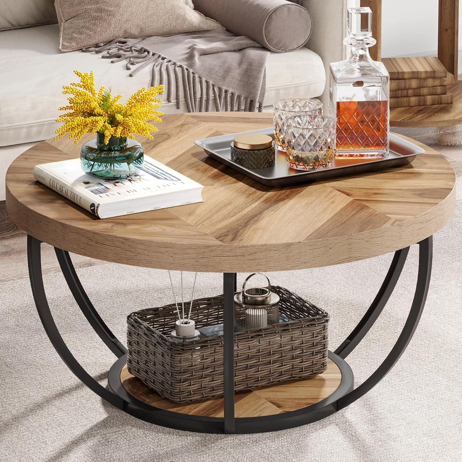 Tribesigns Round Coffee Table, 31.7" Wooden 2-Tier Circle Coffee Table with Storage Shelves, Modern Accent Cocktail Table Center Table for Living Room, Rustic Brown