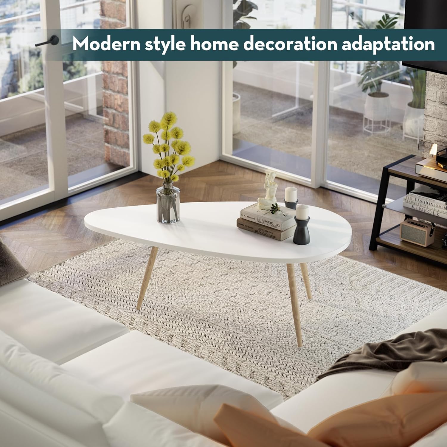SAYGOER Modern Coffee Table White Oval Coffee Tables for Living Room Simple Center Table for Small Space Home Office Easy Assembly 22.2" D x 42.5" W x 17.1" H, White