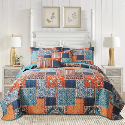 Farmhouse Cotton Quilts Queen Size for Fall - Lightweight Patchwork Autumn Bedspread Set for Bed Coverlet - Highly-Woven Soft Reversible Bed Spread for All Seasons (Floral Orange) 3 Pieces