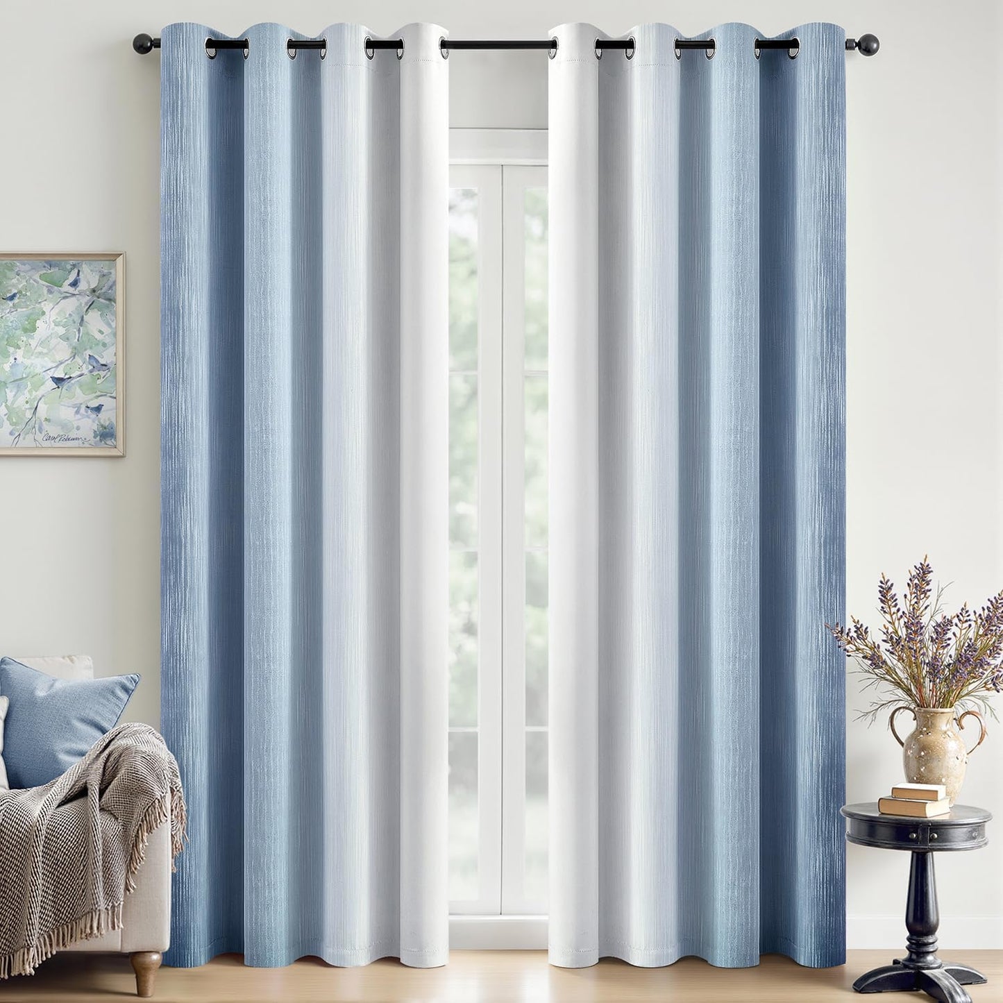 Ombre 100% Blackout Curtains, Navy Blue and Greyish White Full Room Darkening Thermal Insulated 84 Inches Long Drapes for Bedroom/Living Room Grommet Window Treatments Modern 52Wx84L, Set of 2