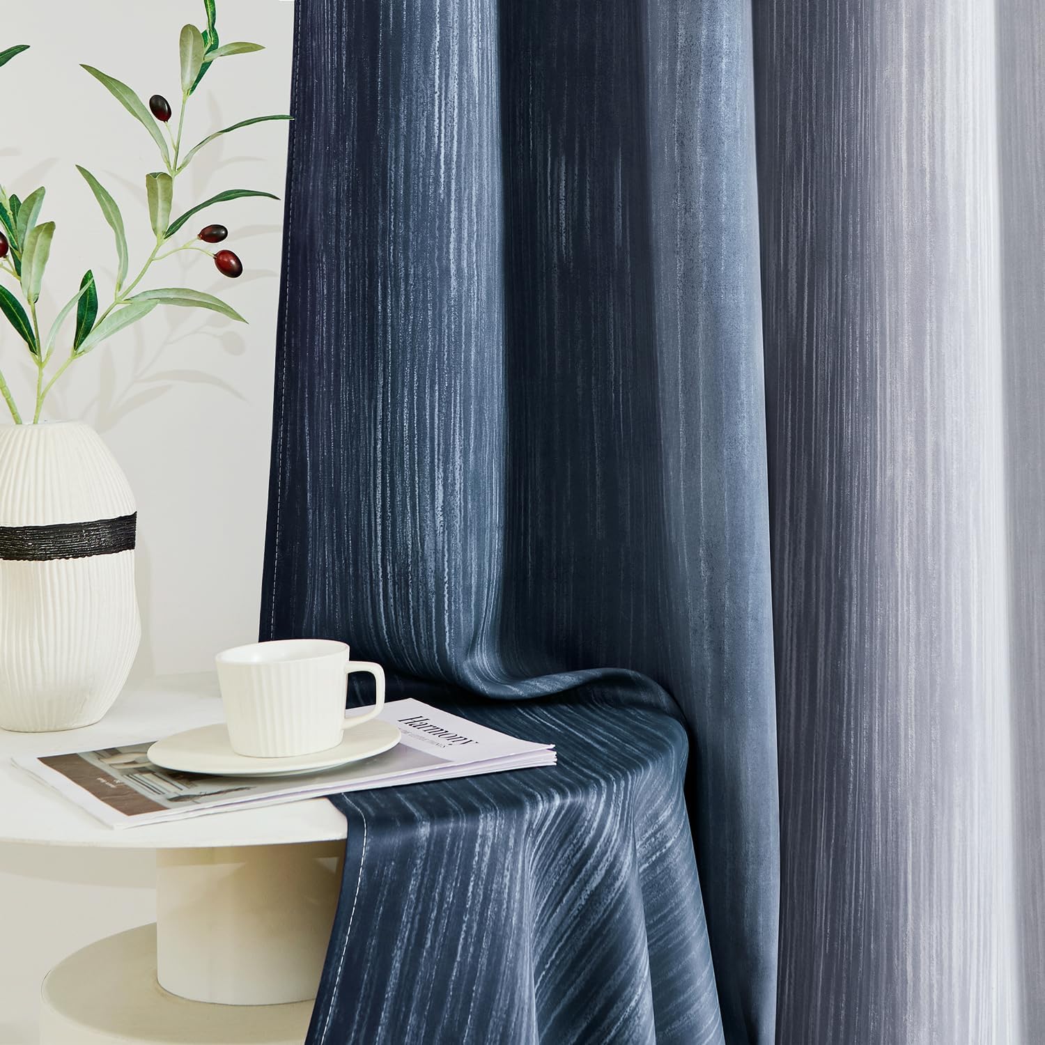 Ombre 100% Blackout Curtains, Navy Blue and Greyish White Full Room Darkening Thermal Insulated 84 Inches Long Drapes for Bedroom/Living Room Grommet Window Treatments Modern 52Wx84L, Set of 2