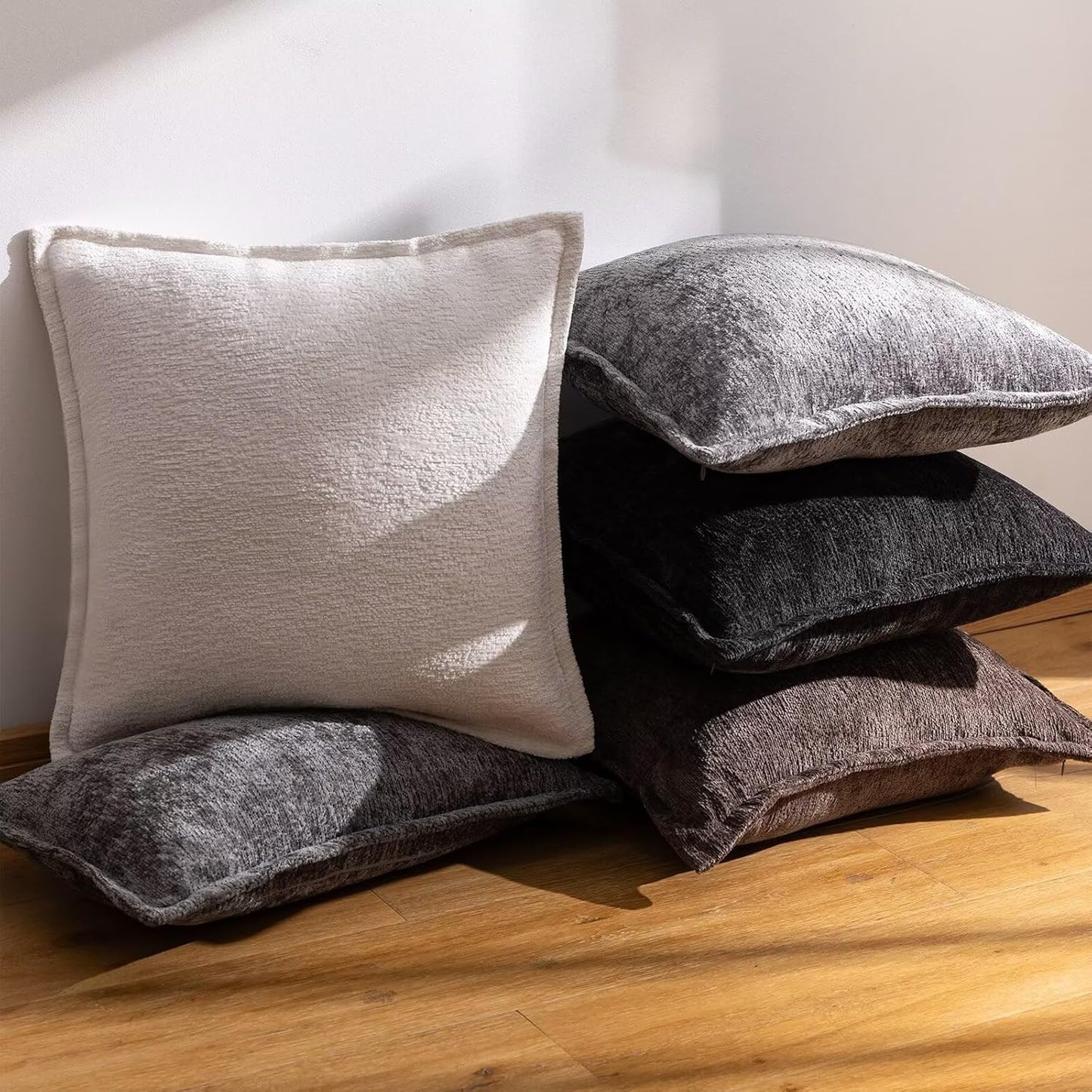 Grey Decorative Throw Pillow Covers 18x18 Inch Set of 2 Cozy Soild Chenille Cushion Cases Soft Textured Square Couch Pillows Cover Boho Accent Farmhouse Pillowcases for Sofa Bed
