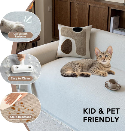 Couch Covers for Dogs 3 Cushion, Loveseat Slipcovers Washable, Pet L Shape Sectional Protector, Boho Sofa Blanket Cover, Herringbone Chenille, Cream, 71"x118"