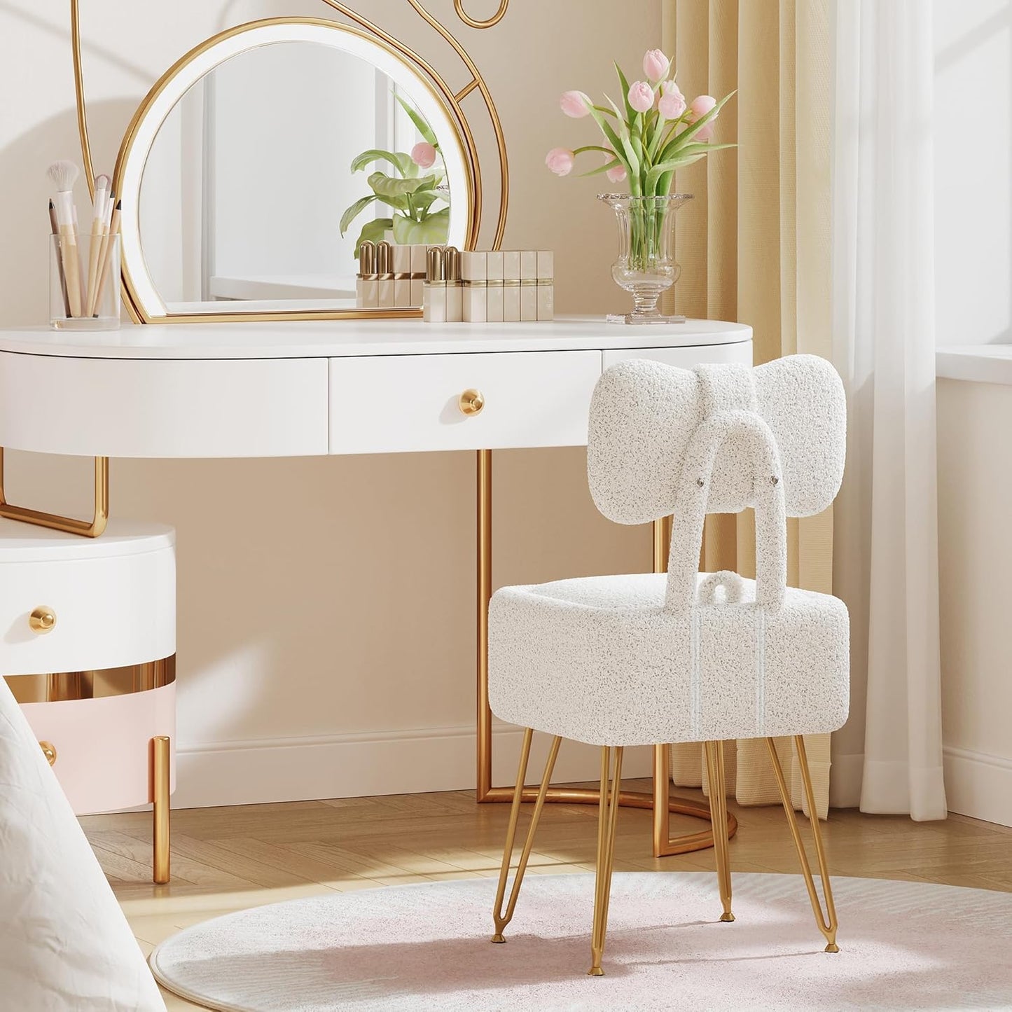 Small Vanity Chair with Storage and Folding Back, 14.2" D x 12.6" W x 28.3" H Soft Storage Ottoman, Footrest Stool, Teddy Fleece Vanity Stool for Makeup, Bedroom, Living Room, White