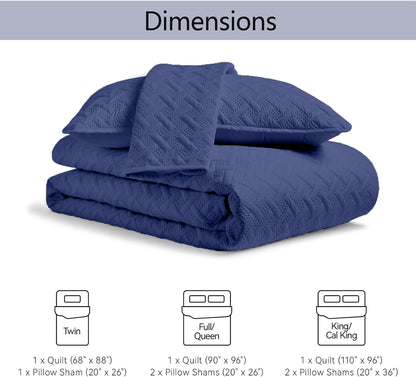 Quilts Queen Size - Ultra Soft Navy Blue Quilt Lightweight Microfiber Bedspreads, Classic Basket Weave Pattern Bedspread Bed Coverlet 3 Pieces for All-Season (1 Quilt, 2 Pillow Shams) | Breathable material, Easy care